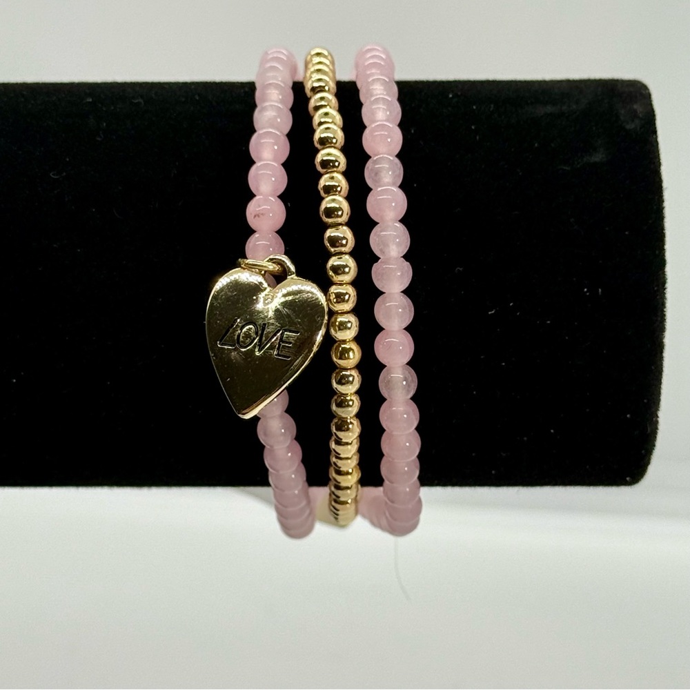 Spring Street The Collection Pink Gold Beaded Heart Charm Stretch Bracelet Set - Picture 2 of 5